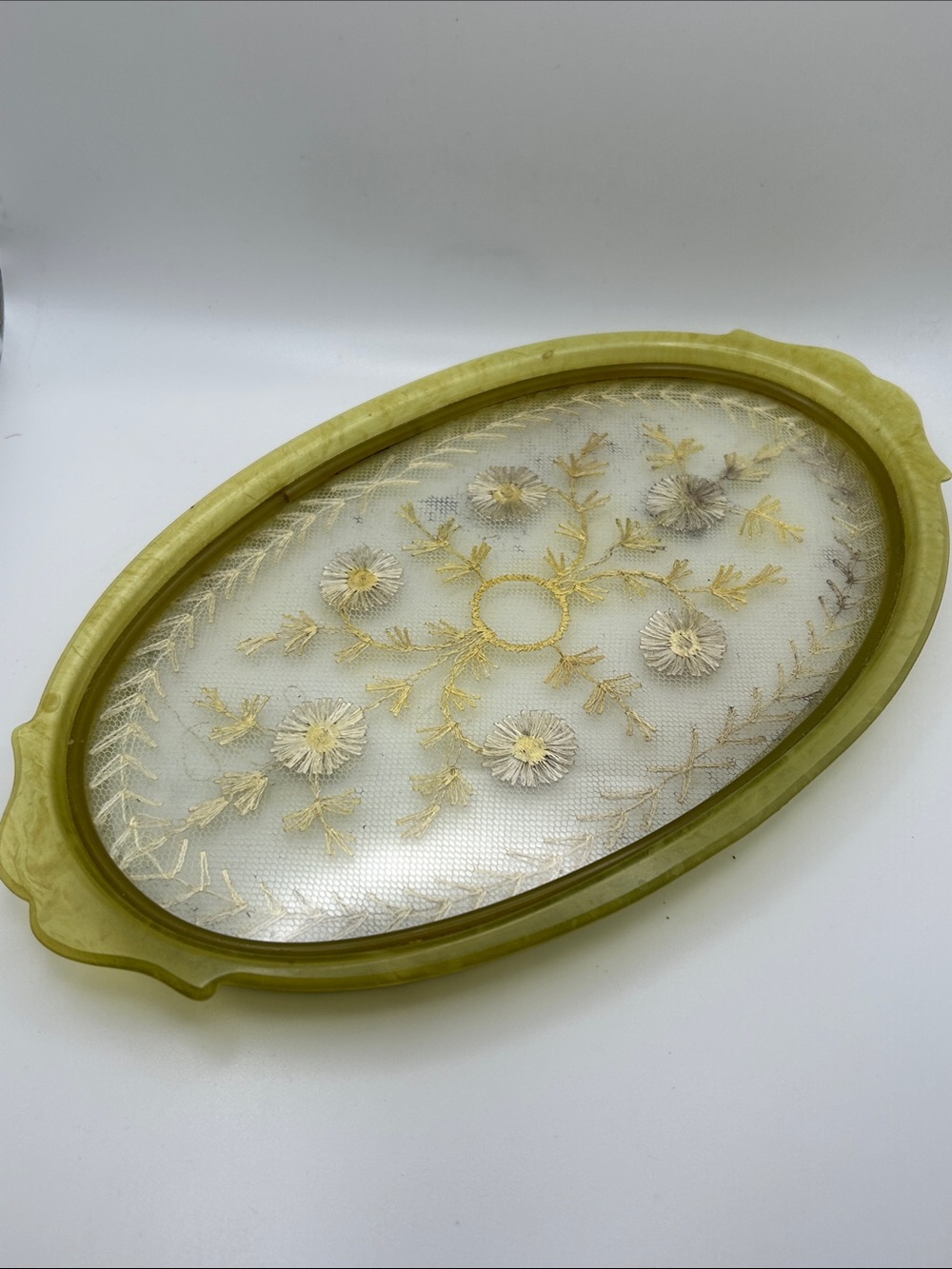 Vintage Golden Floral Embroidered Oval Serving Tray 10.5” x 6.25”